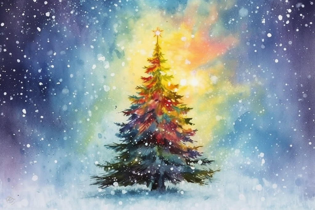 Joyful Holiday Tree Watercolor - Christmas Wall Art, Giclee Print on Canvas, Artist Paper, Watercolor Paper, Available in Extra Large Sizes