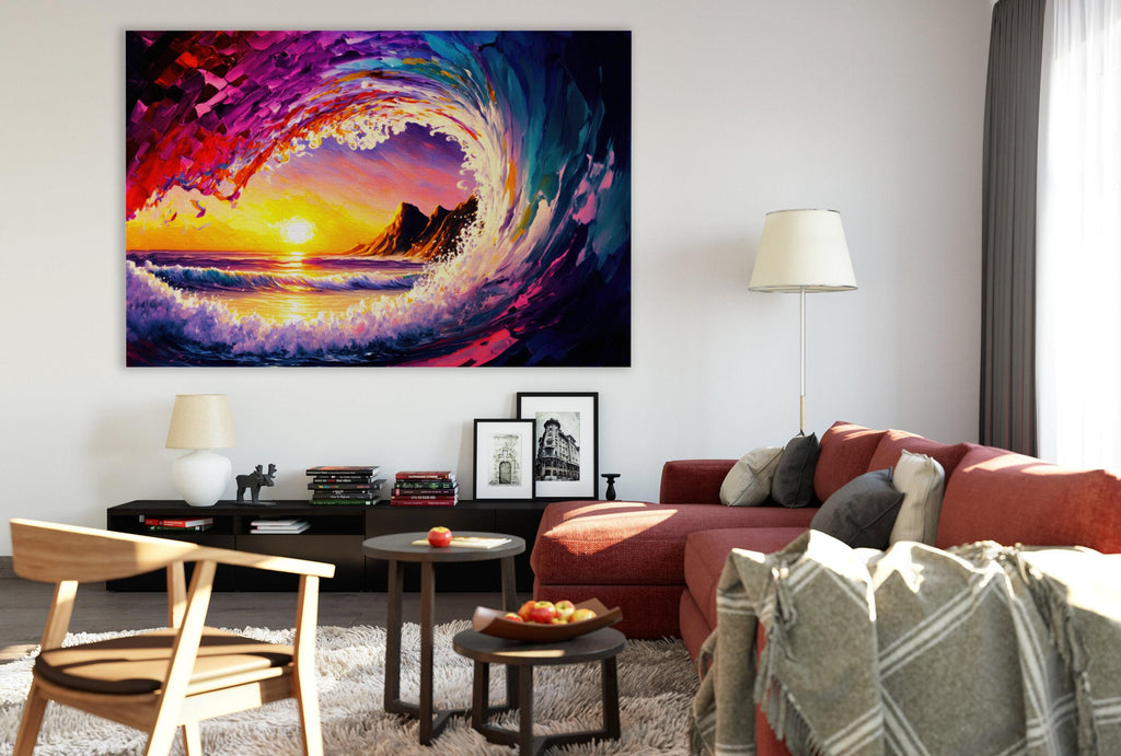 Ocean Wave Canvas Print - Hawaii Surfer Art | Big Wave Art Print, Vibrant Sunset Colors