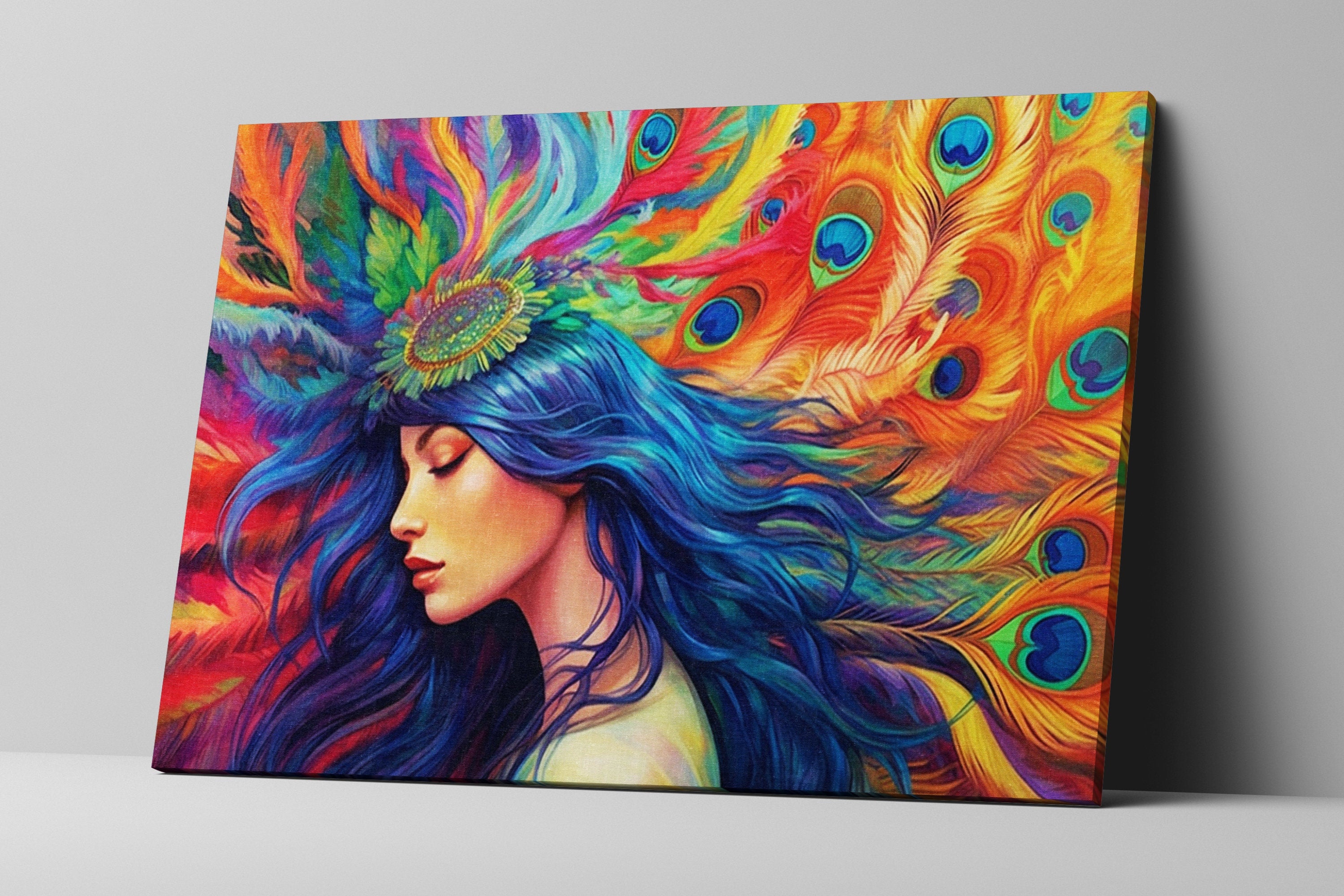 Peacock Feather Wall Art – Elegant Woman Portrait Canvas with Ornate Feather Headpiece
