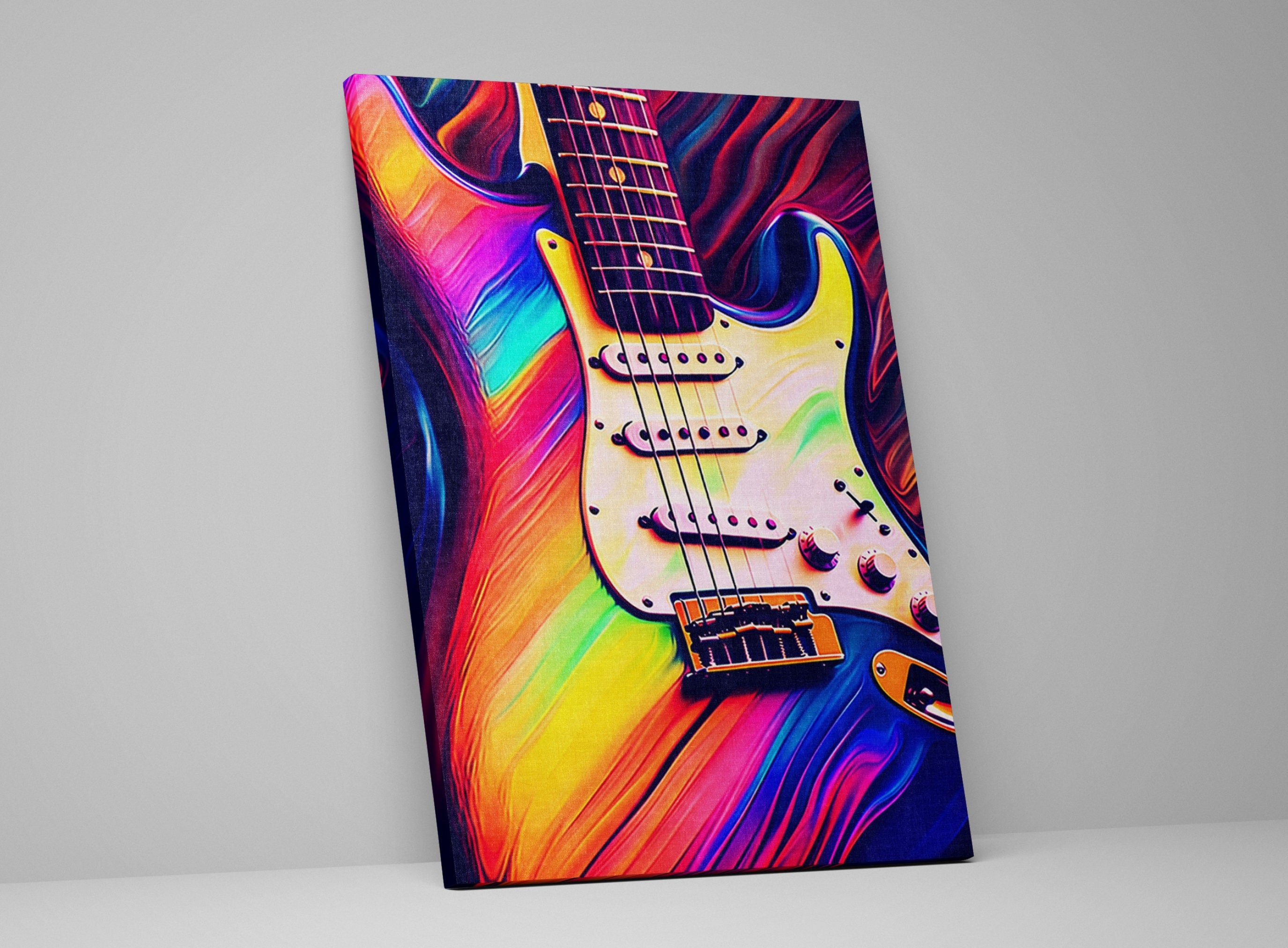 Electric Guitar Wall Art - Synthwave Neon Guitar Canvas Art | Large Vibrant Music Decor
