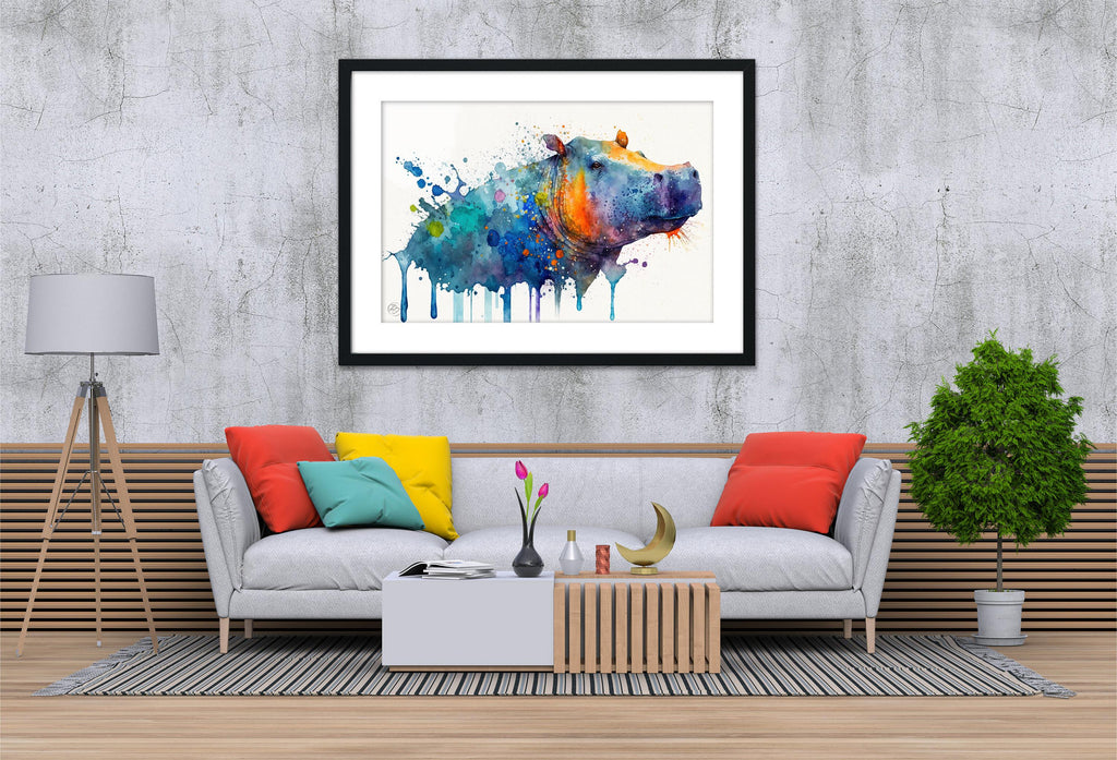 Wildlife Majesty: Hippopotamus Watercolor Painting, Giclee Print on Canvas, Artist Paper, Watercolor Paper, Available in Extra Large Sizes