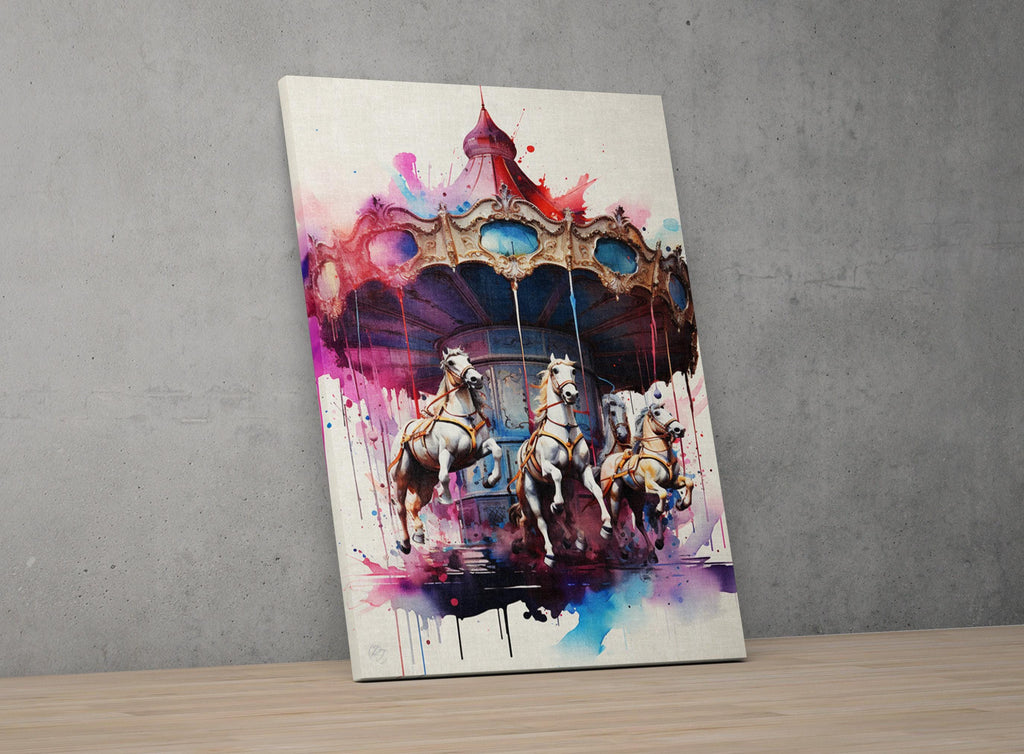 Whimsical Carousel: Watercolor Carnival Wall Art, Giclee Print on Canvas, Artist Paper, Watercolor Paper, Available in Extra Large Sizes