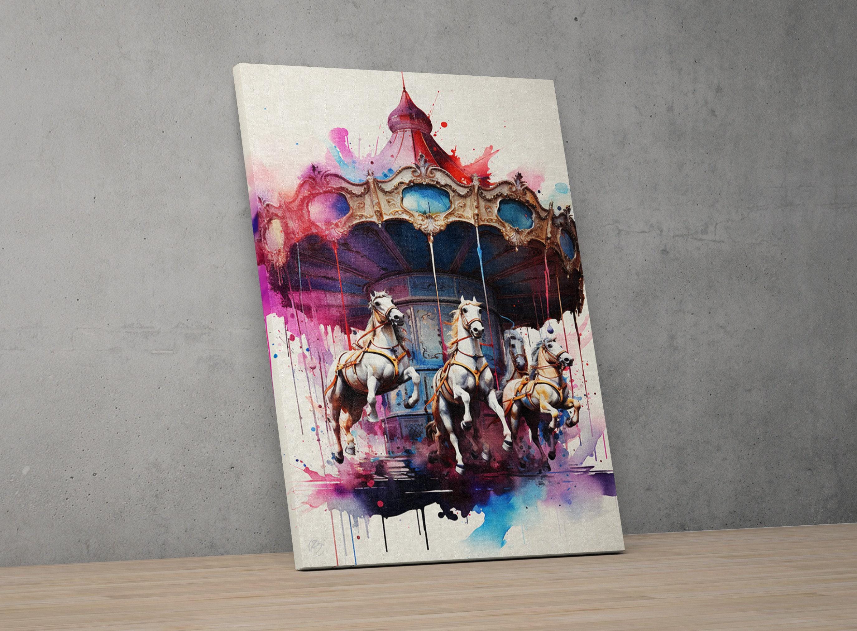 Whimsical Carousel: Watercolor Carnival Wall Art, Giclee Print on Canvas, Artist Paper, Watercolor Paper, Available in Extra Large Sizes