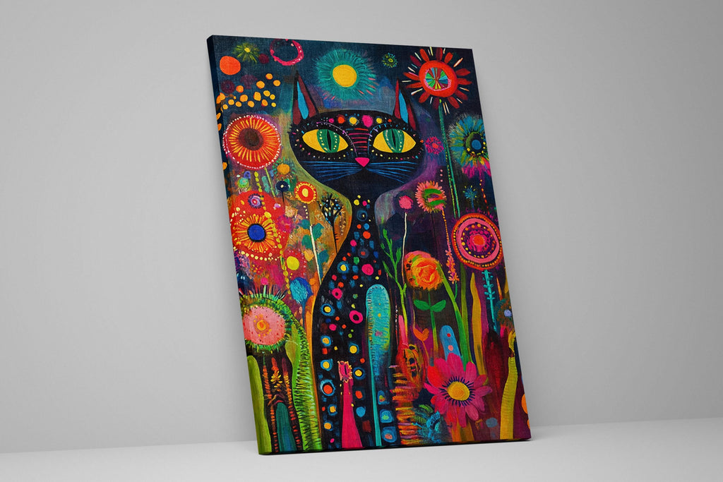 a painting of a black cat surrounded by flowers