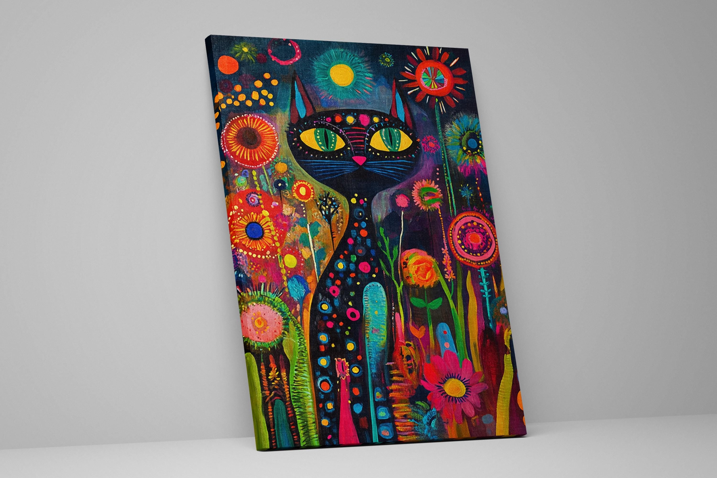 a painting of a black cat surrounded by flowers