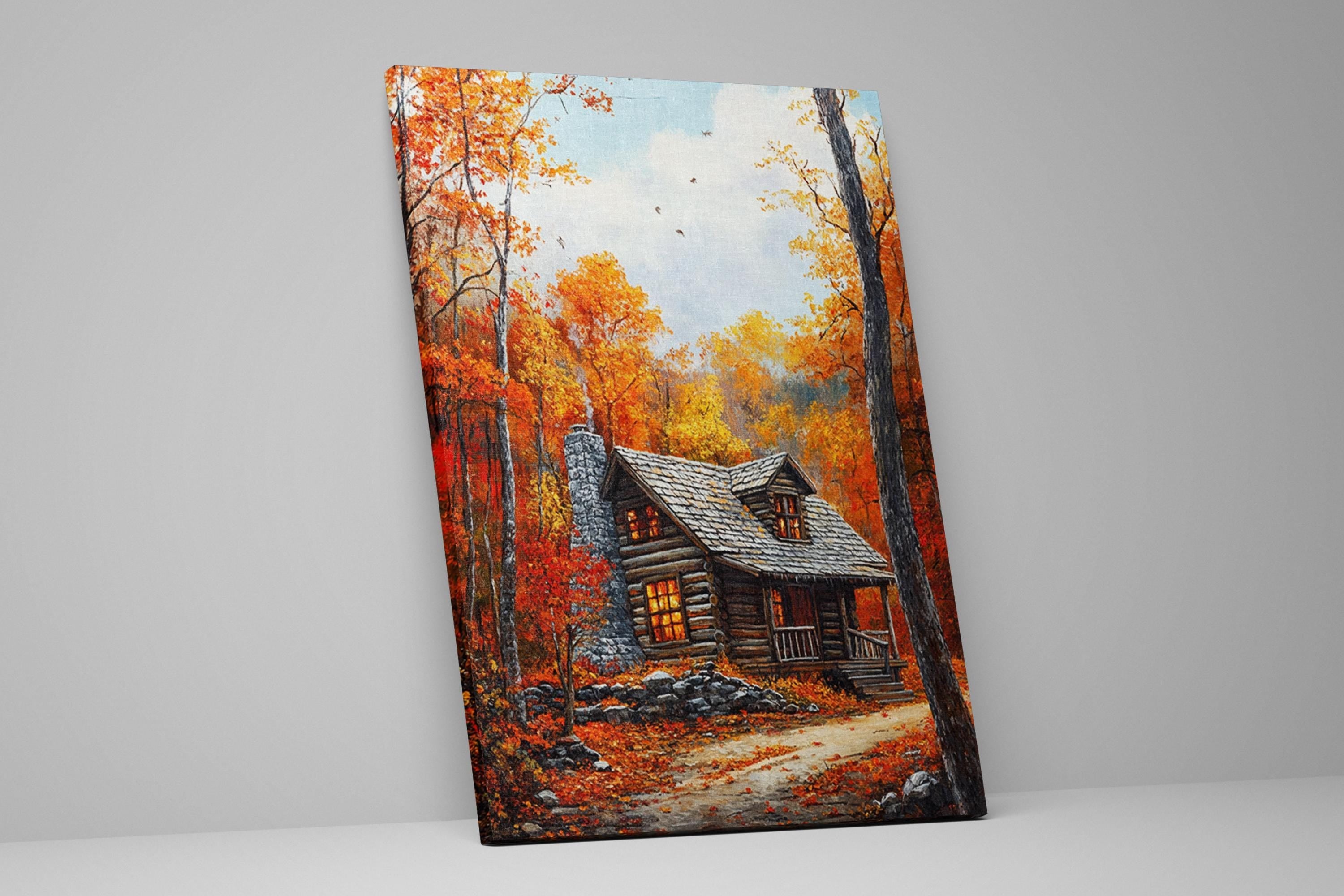 a rustic log cabin nestled in a vibrant autumn forest, with the cabin's warm glow illuminating the surrounding trees and fallen leaves.