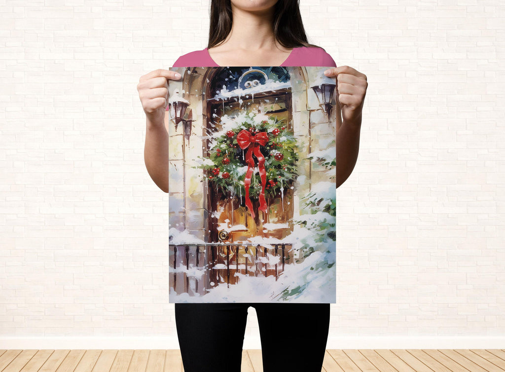 Watercolor Christmas Wreath Painting - Holiday Art, Giclee Print on Canvas, Artist Paper, Watercolor Paper, Available in Extra Large Sizes