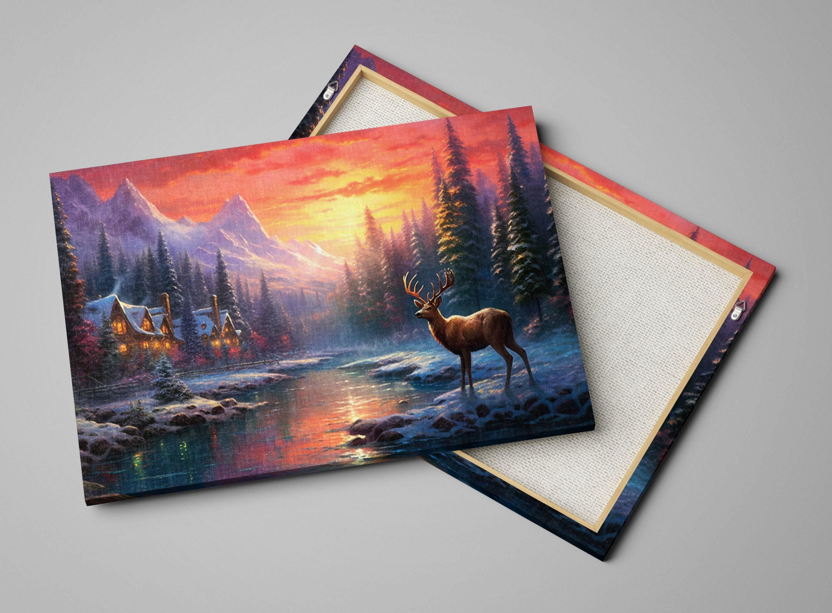 Vintage Reindeer Canvas – Extra Large Giclee Art Print | Rustic Christmas Decor