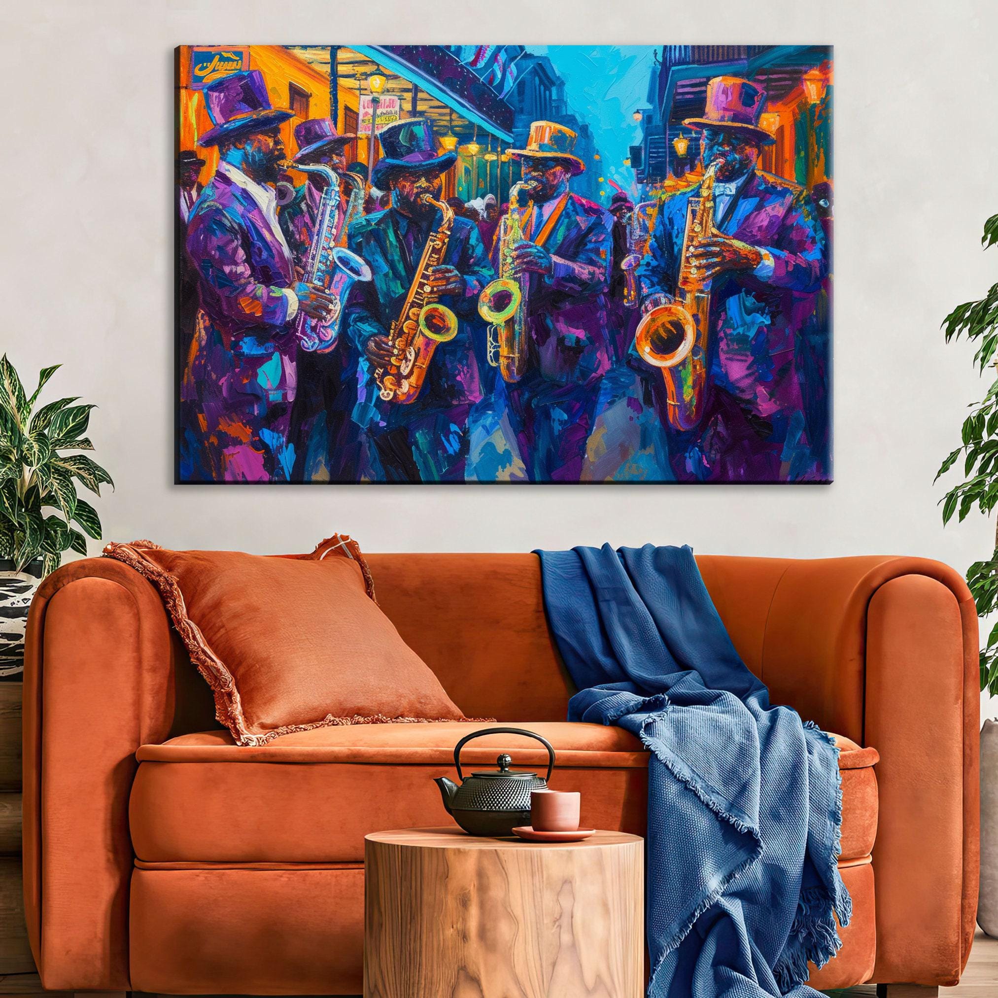 a vibrant painting of a group of musicians playing instruments, including saxophones, in a lively and colorful setting.