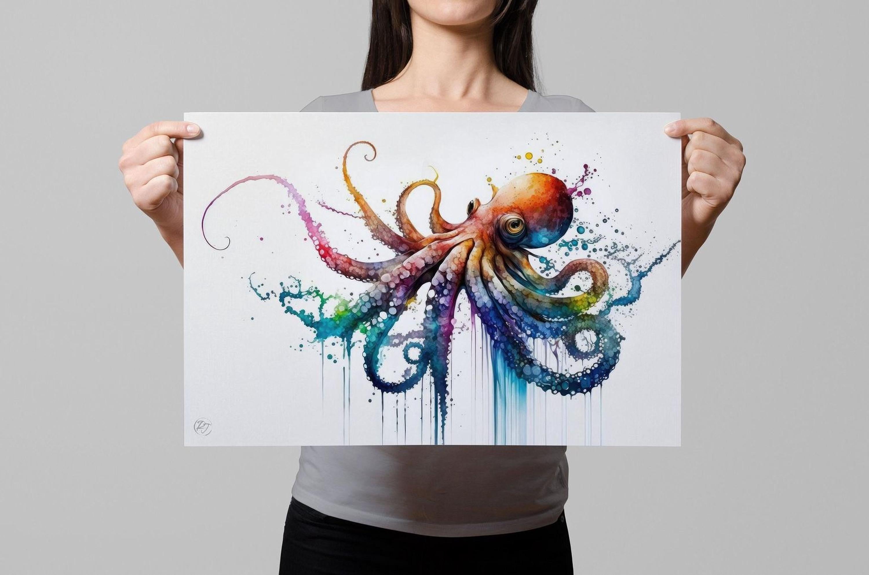 A woman is holding up a colorful painting of an octopus.