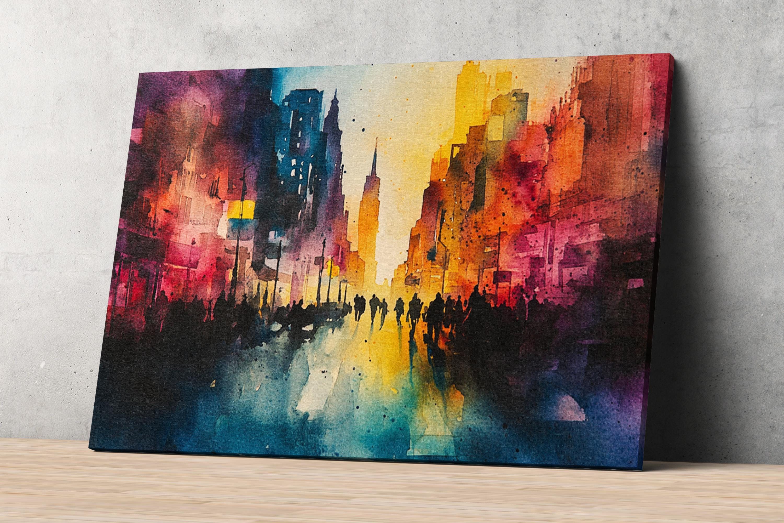 The image is a vibrant, colorful painting depicting a cityscape with tall buildings and a busy street scene.