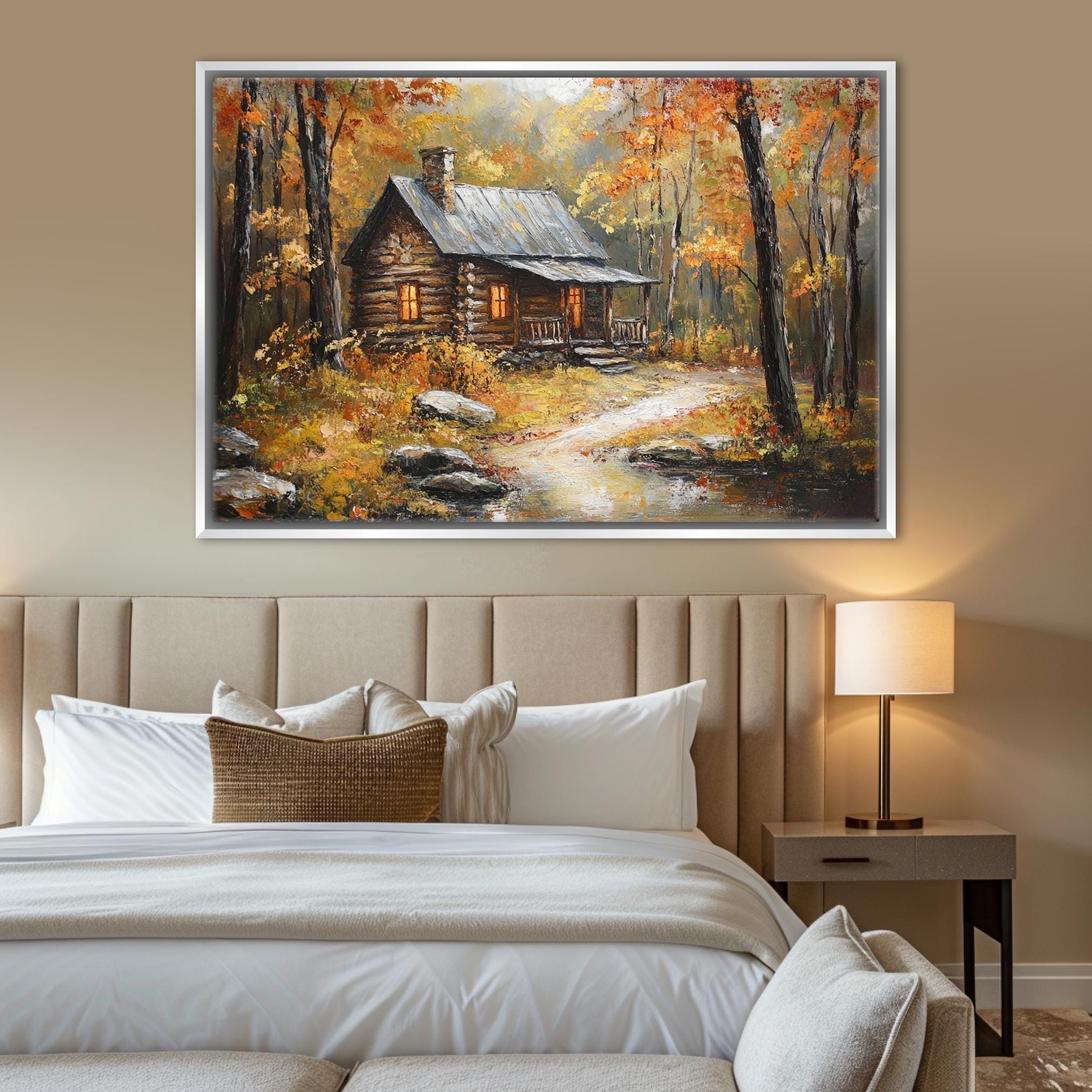 a cozy cabin nestled in a forest, surrounded by vibrant autumn foliage.