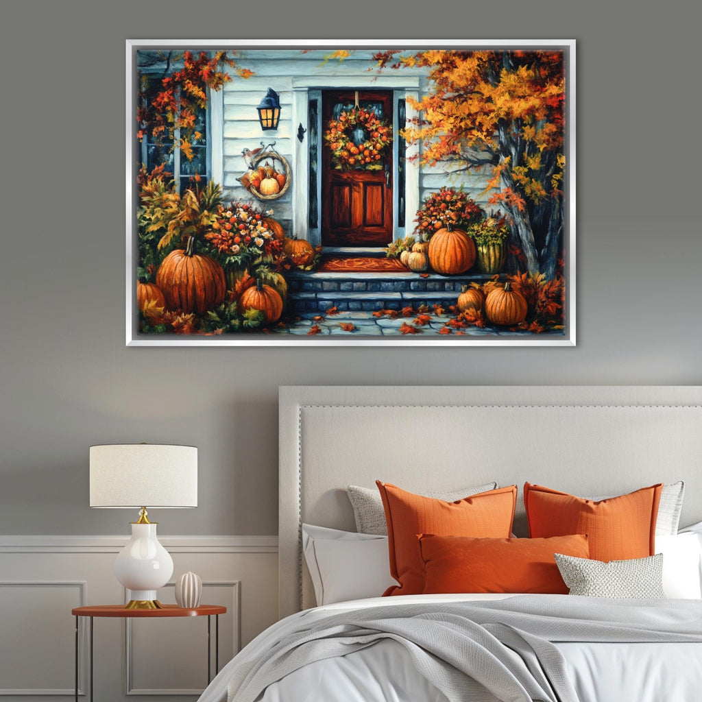 a cozy autumn scene with a bed, a nightstand, and a lamp, all set against a backdrop of a house with a porch decorated with pumpkins and fall foliage.
