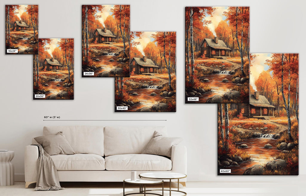 The image is a collage of multiple images depicting a serene autumn landscape with a cabin in the woods, including a stream and a waterfall.