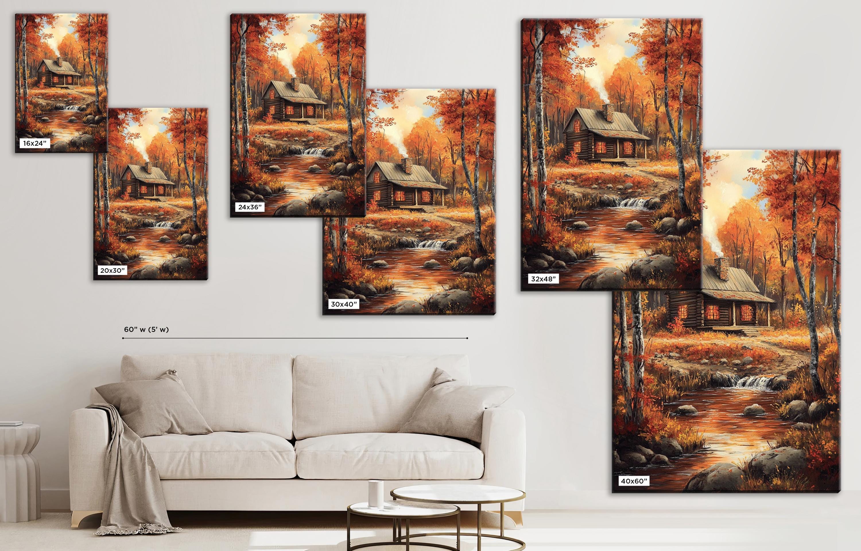 The image is a collage of multiple images depicting a serene autumn landscape with a cabin in the woods, including a stream and a waterfall.