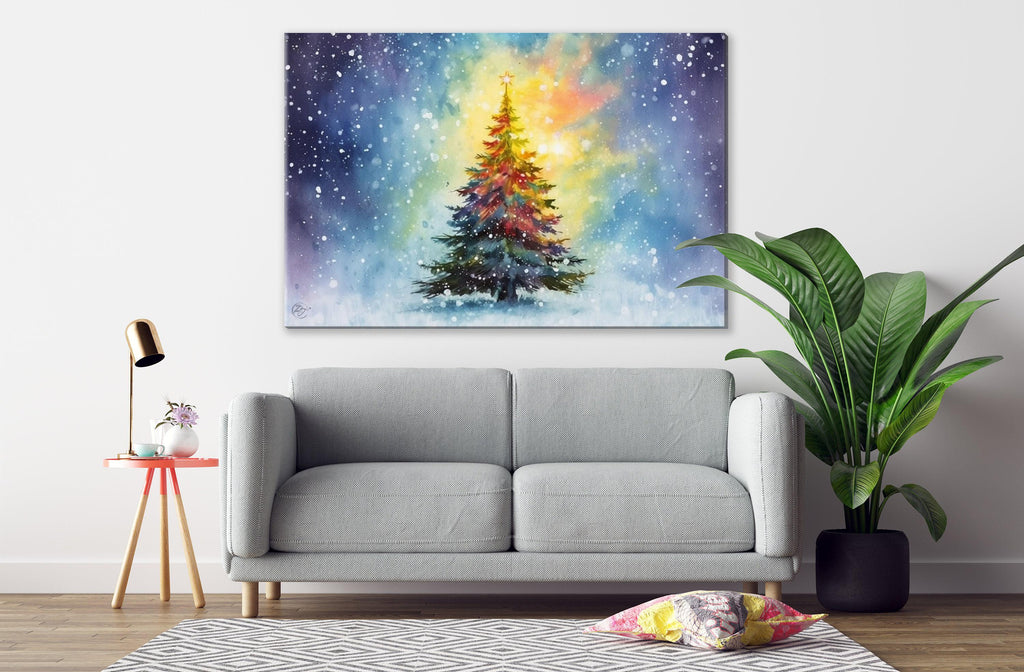 Joyful Holiday Tree Watercolor - Christmas Wall Art, Giclee Print on Canvas, Artist Paper, Watercolor Paper, Available in Extra Large Sizes