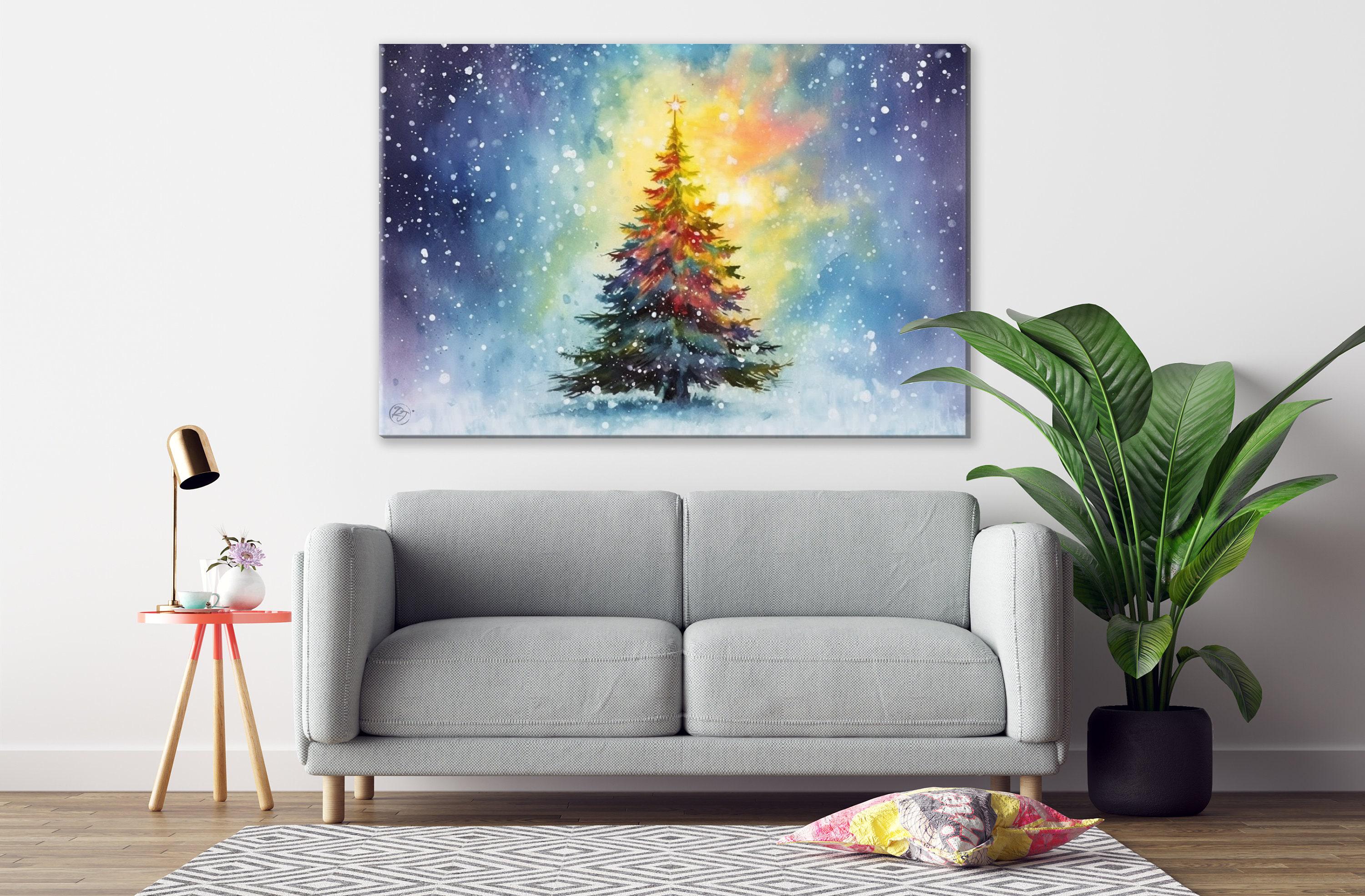 Joyful Holiday Tree Watercolor - Christmas Wall Art, Giclee Print on Canvas, Artist Paper, Watercolor Paper, Available in Extra Large Sizes