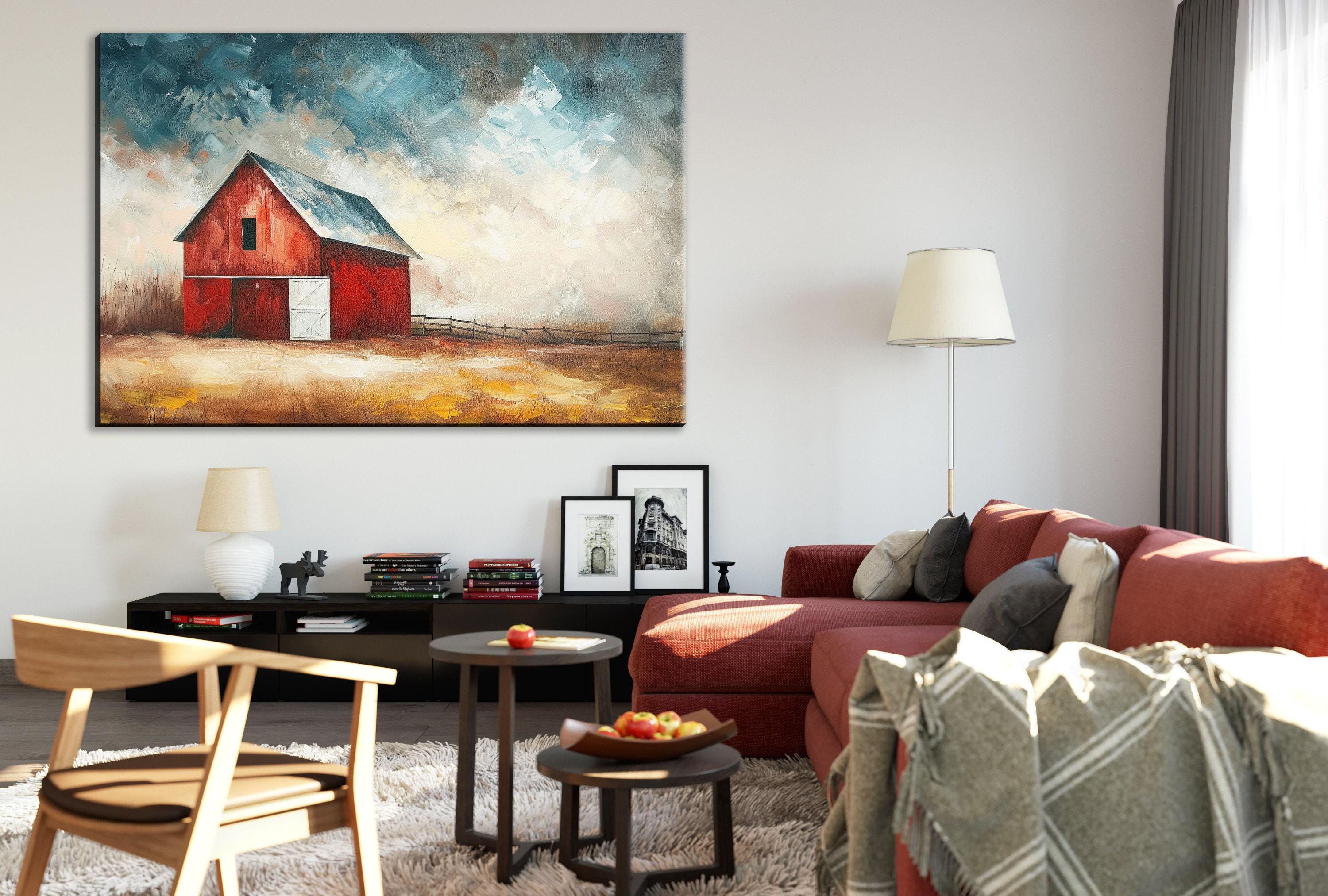 Rustic Farmhouse Wall Art - Large Canvas Art with Red Barn, Gallery Wrapped Canvas