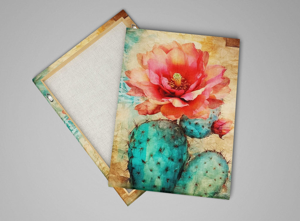 a vibrant painting of a cactus with a large, colorful flower blooming on it. The painting is set against a backdrop of a light blue color, creating a visually striking contrast with the cactus and flower.