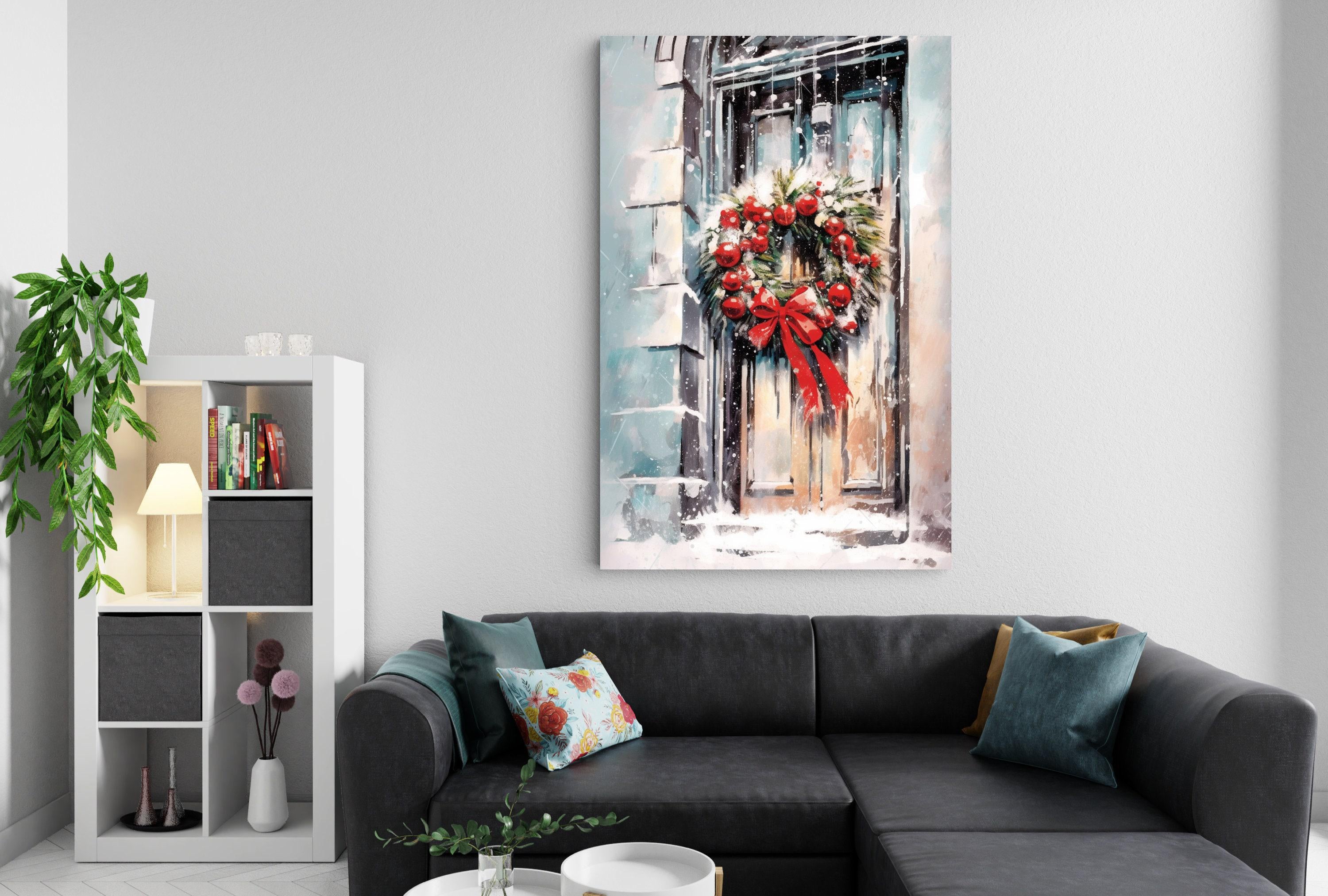 Festive Christmas Wreath Watercolor - Holiday Wall Art, Print on Canvas, Artist Paper, Watercolor Paper, Available in Extra Large Sizes