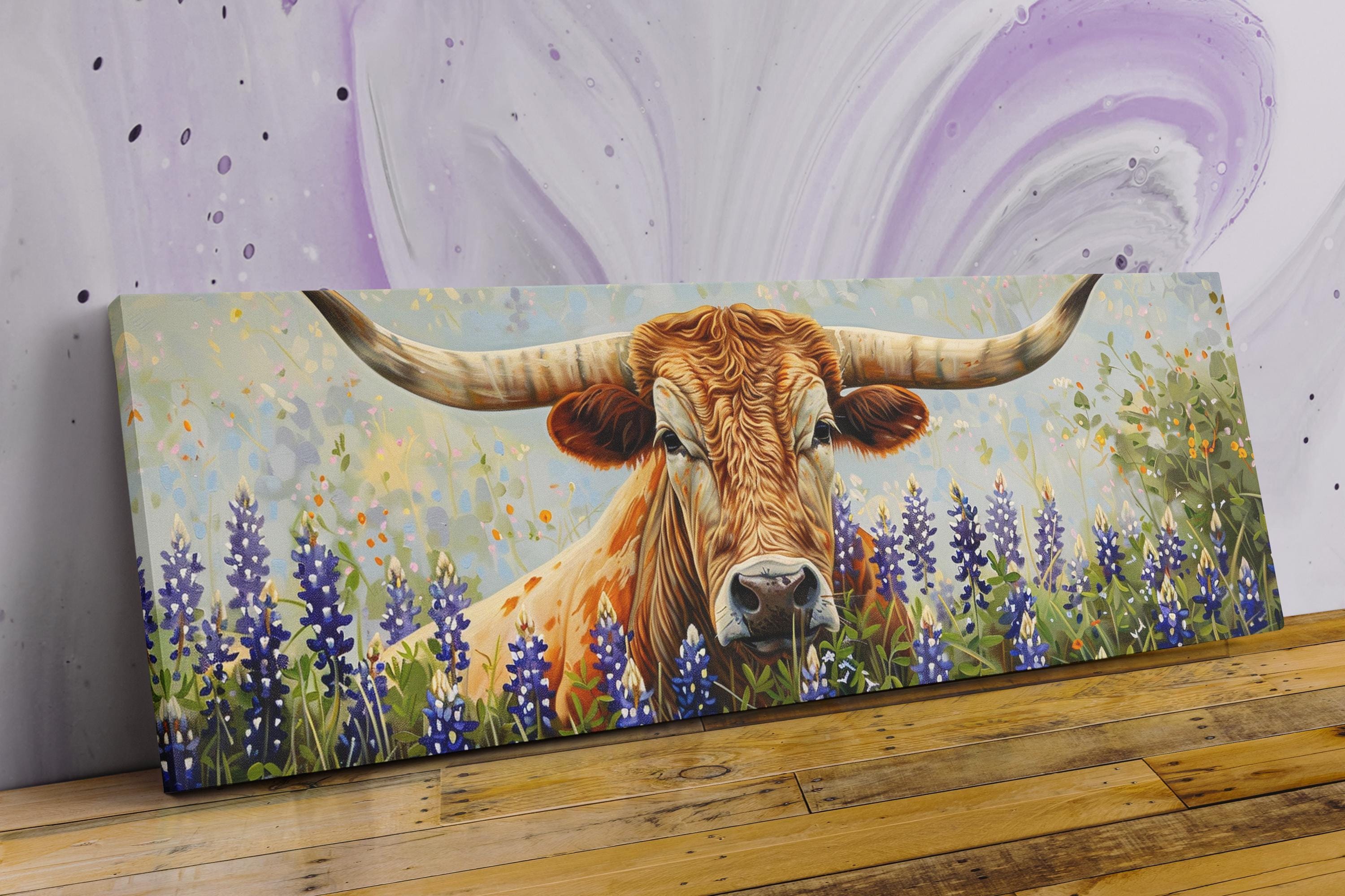 The image is a painting of a large horned cow with long horns, standing in a field of purple flowers.