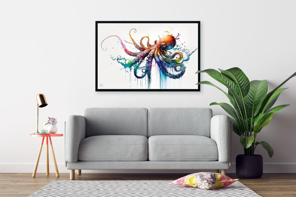 a gray sofa, a framed painting of an octopus, a small table with a lamp, and a potted plant, all arranged in a living room setting.