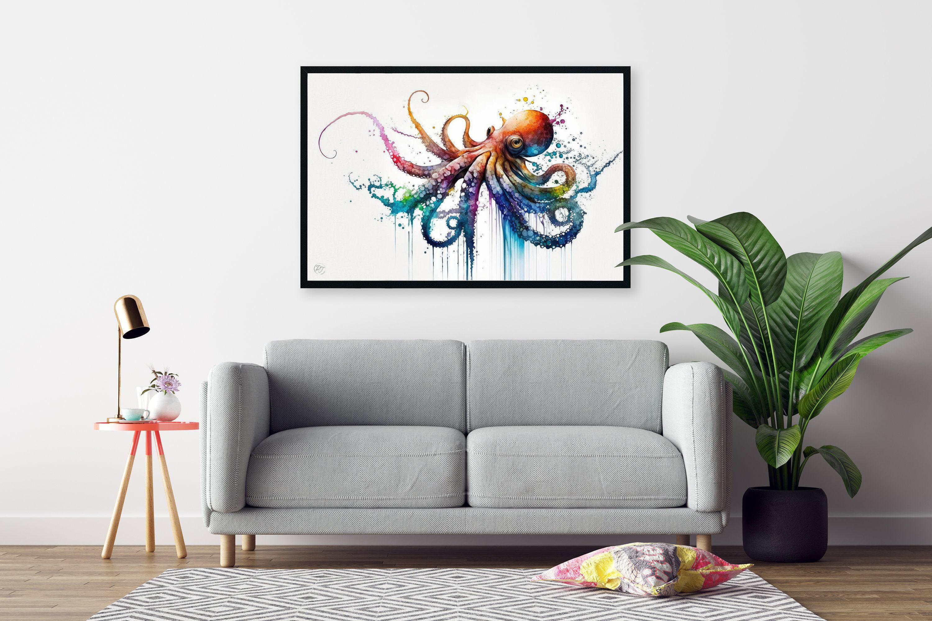 a gray sofa, a framed painting of an octopus, a small table with a lamp, and a potted plant, all arranged in a living room setting.