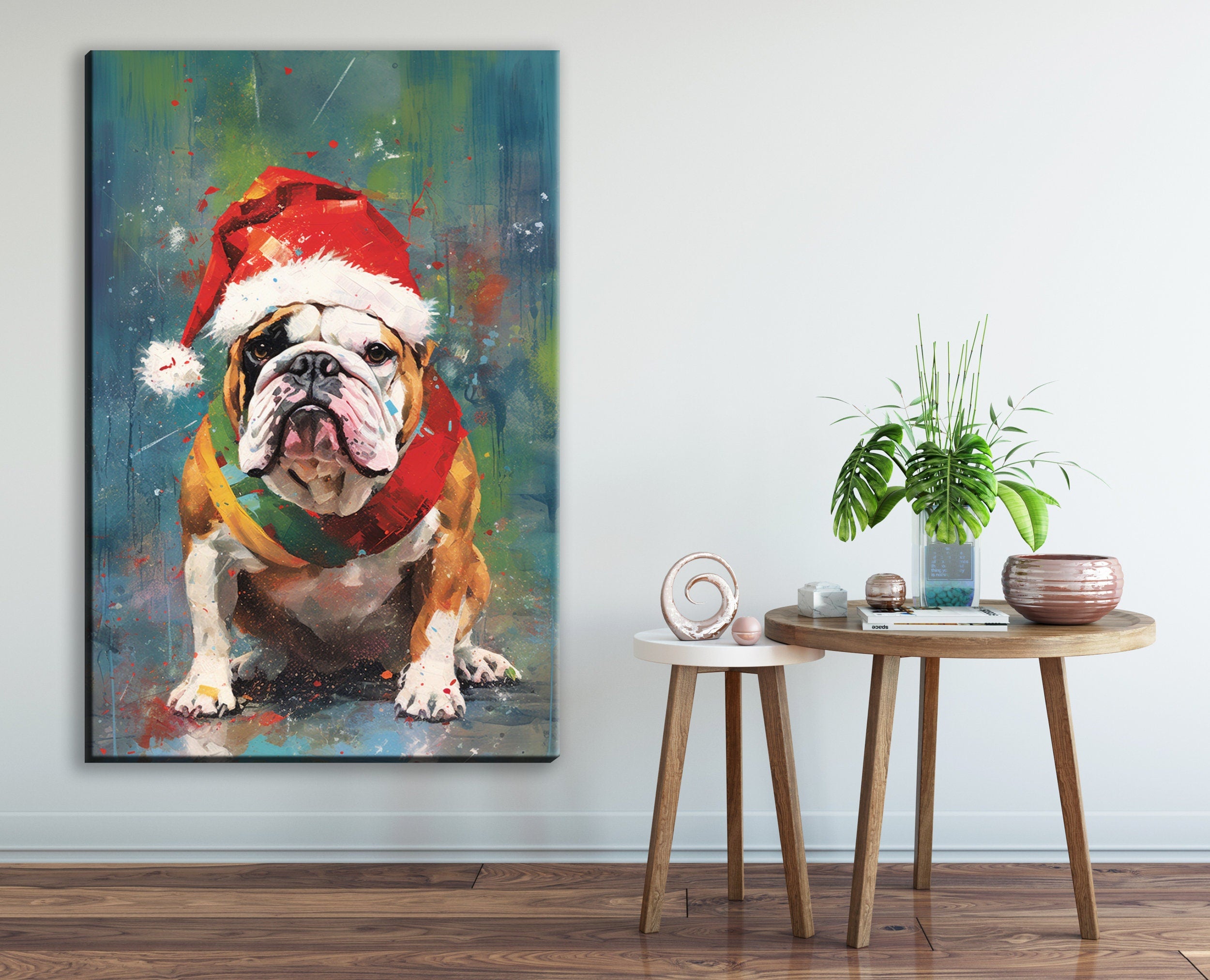 English Bulldog Christmas Art – Festive Dog Painting on Gallery Wrapped Canvas, Large Holiday Canvas