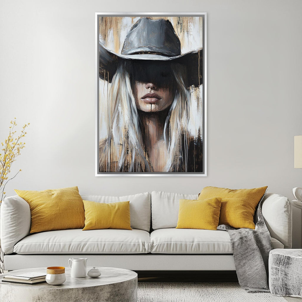 a painting of a woman wearing a cowboy hat