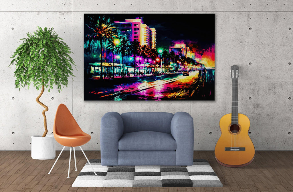South Beach Canvas Art - Miami Skyline Art | Colorful Painting Print on Gallery-Ready Canvas