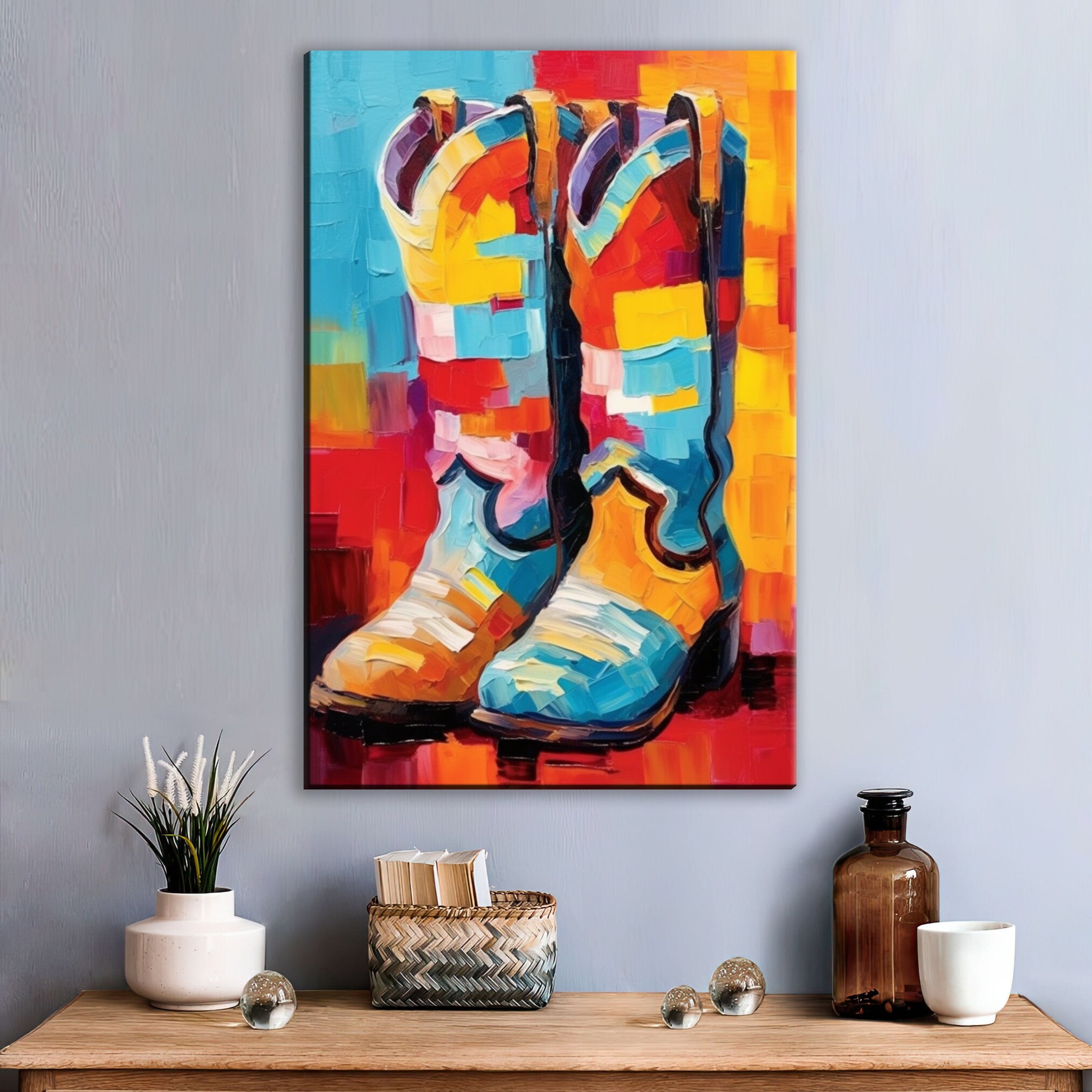 Western Cowboy Boots Canvas – Large Colorful Texas Themed Wall Art Print
