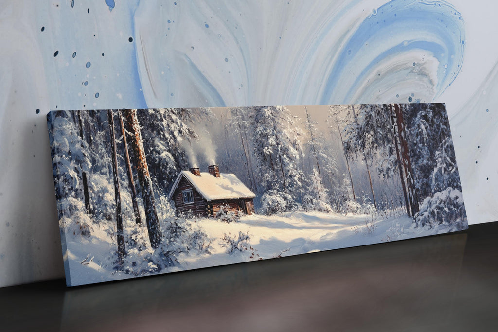 a painting of a cabin in a snowy forest