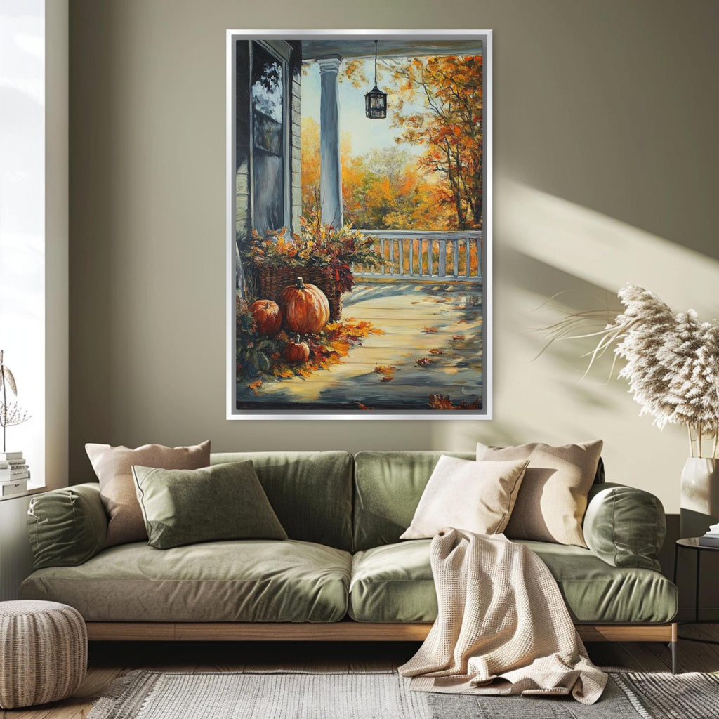 a large painting of a porch with a green sofa, a vase of flowers, and a lantern hanging from the porch.