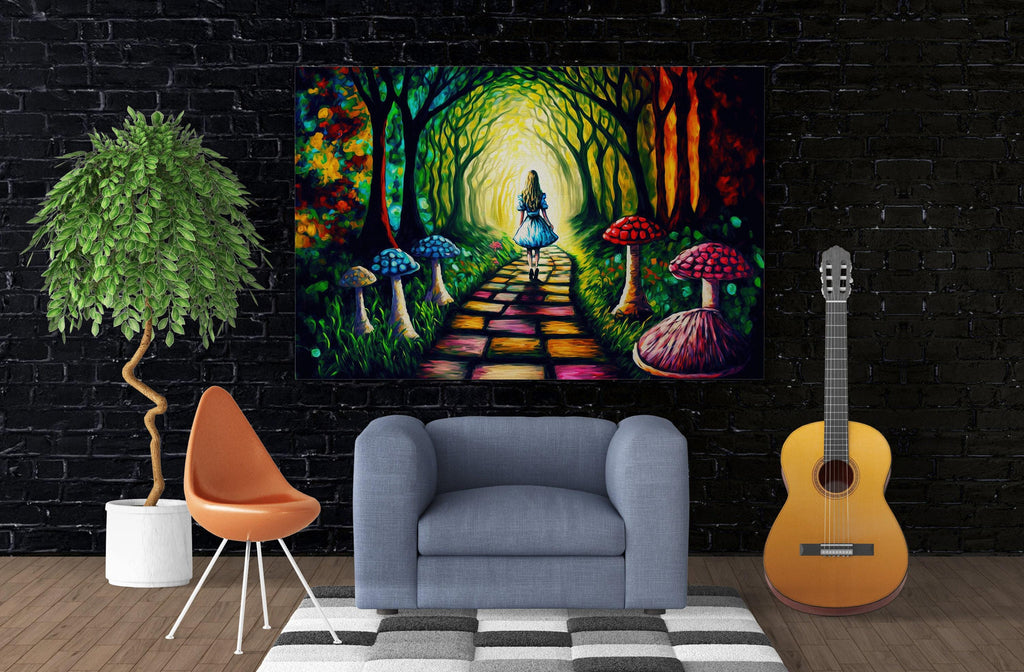 Alice Rabbit Hole Art | Colorful Fantasy Painting on Wooden Frame Canvas Print