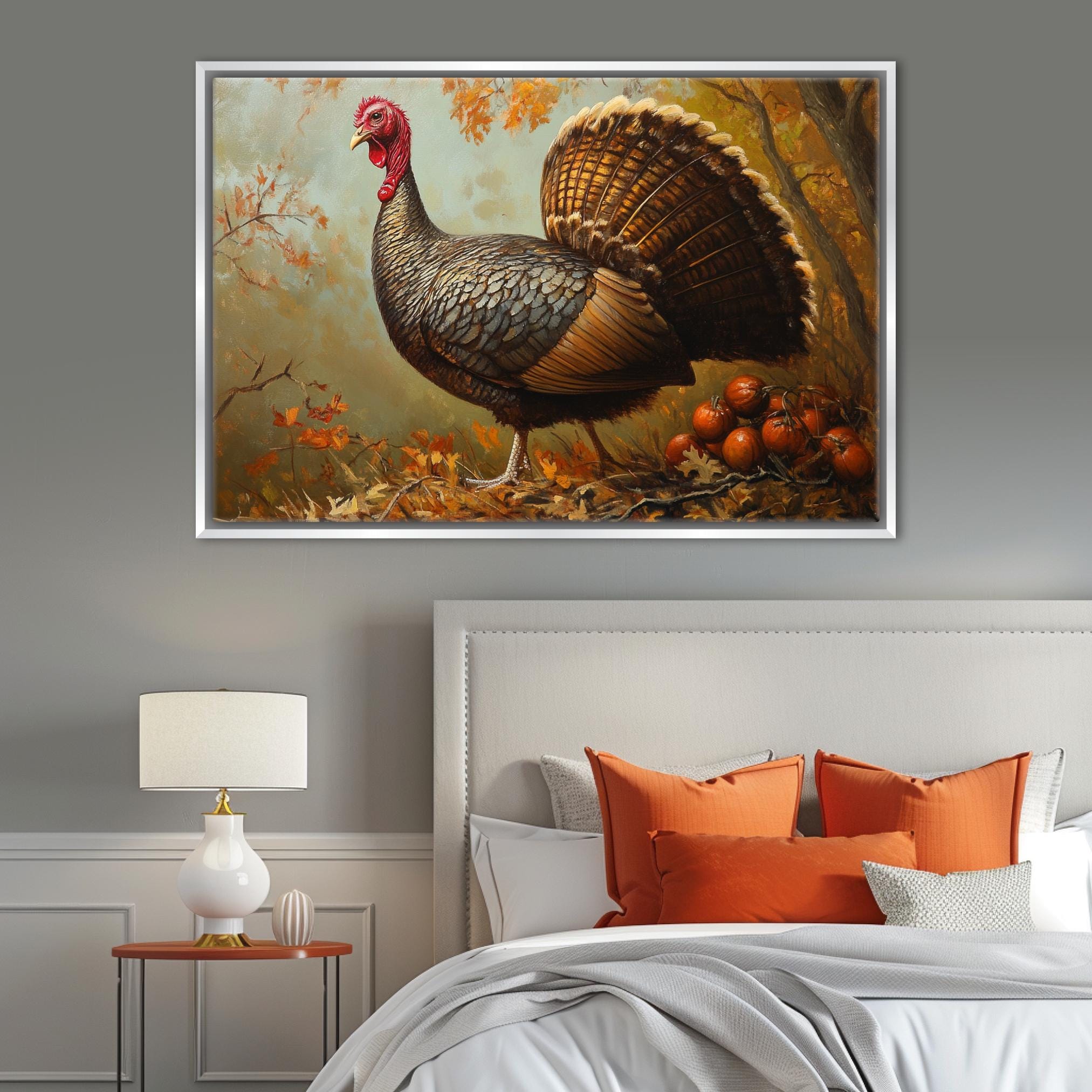 a large painting of a turkey with a red head and brown body, standing on a bed with orange pillows and a white headboard.