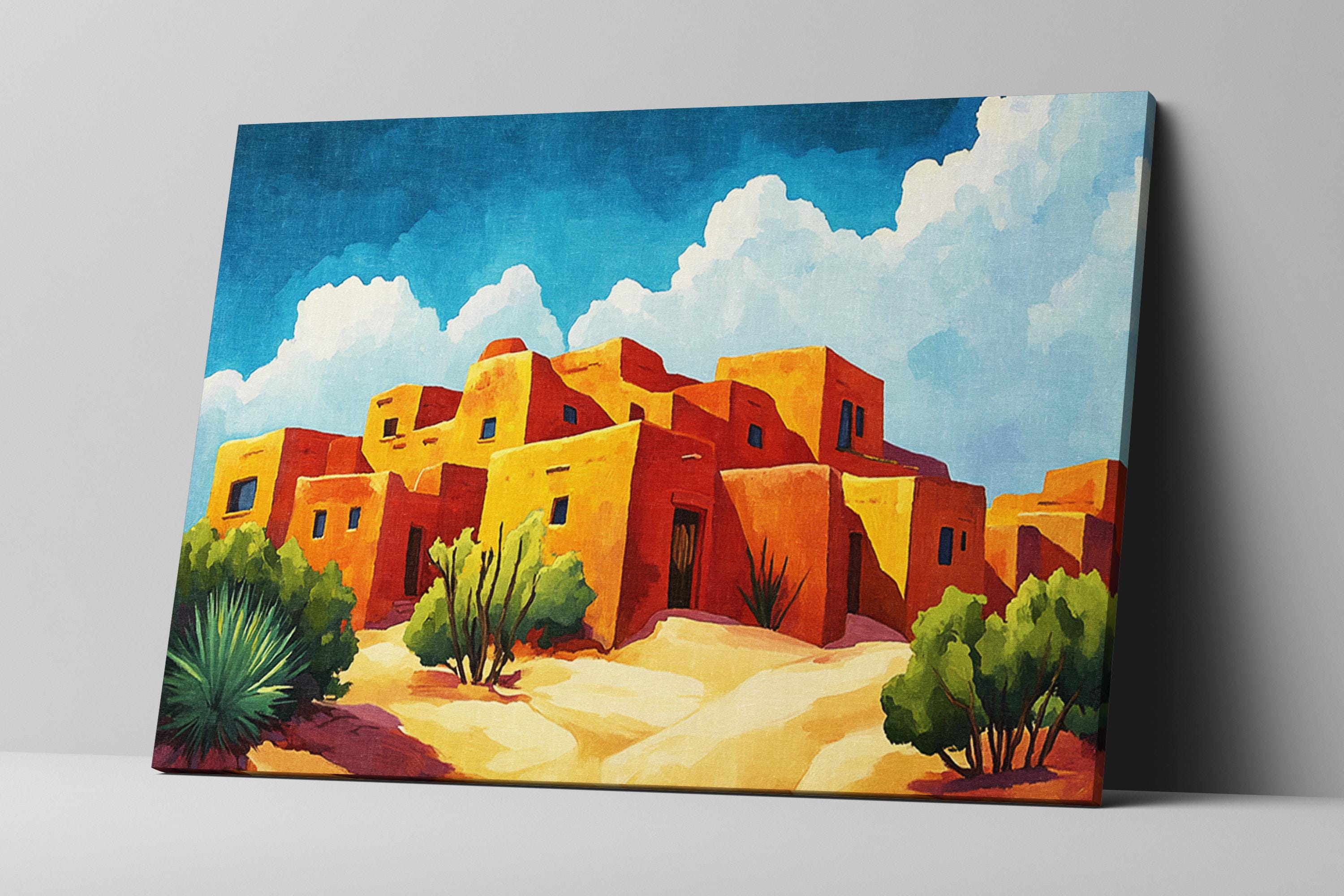 a painting of an adobe building in the desert