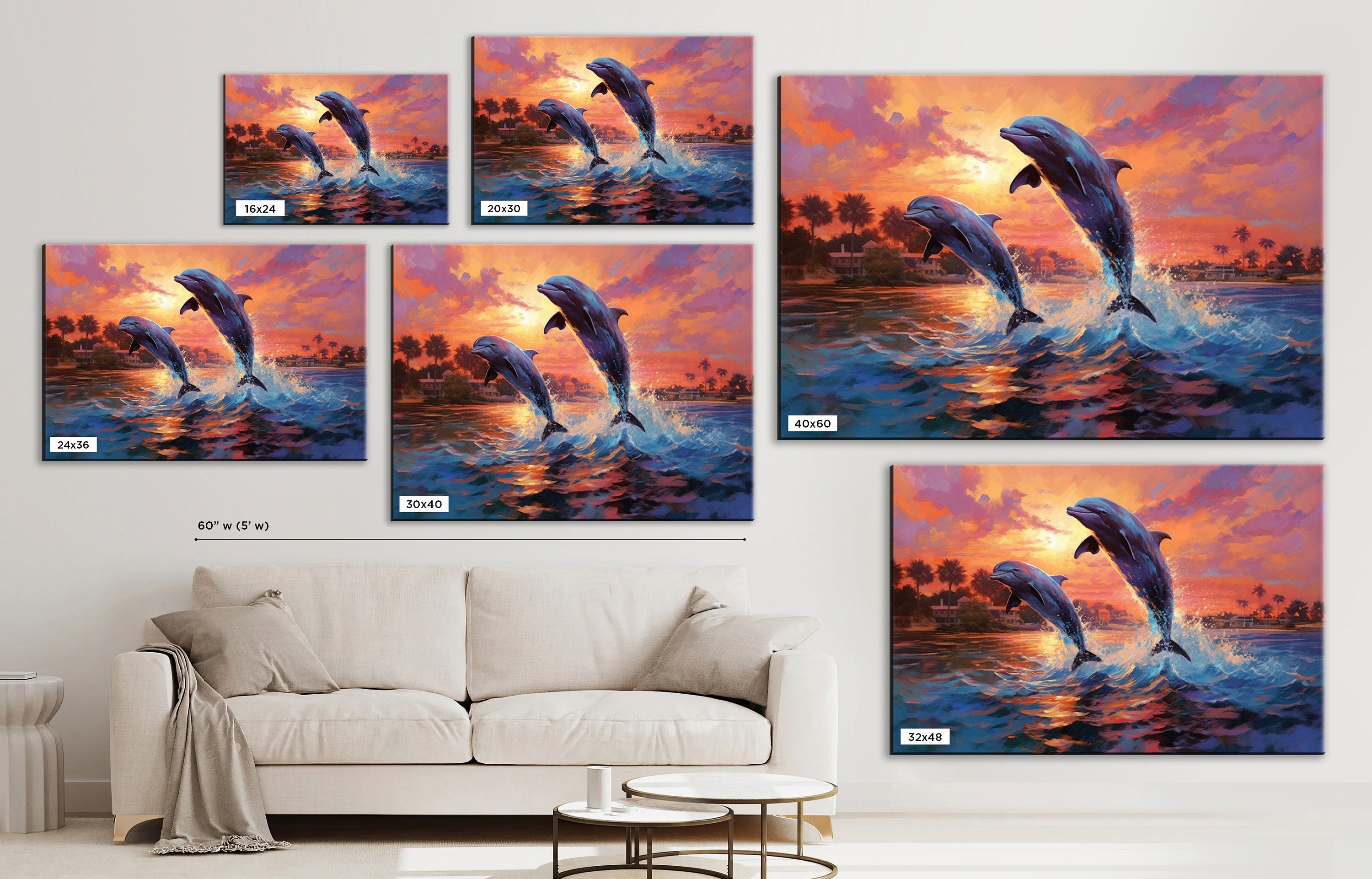 Dolphin Wall Art – Large Canvas Print of Dolphins Swimming, Marine Life Decor