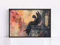 A framed painting depicting a statue of an angel sitting on a ledge, with a Gothic-style building in the background.