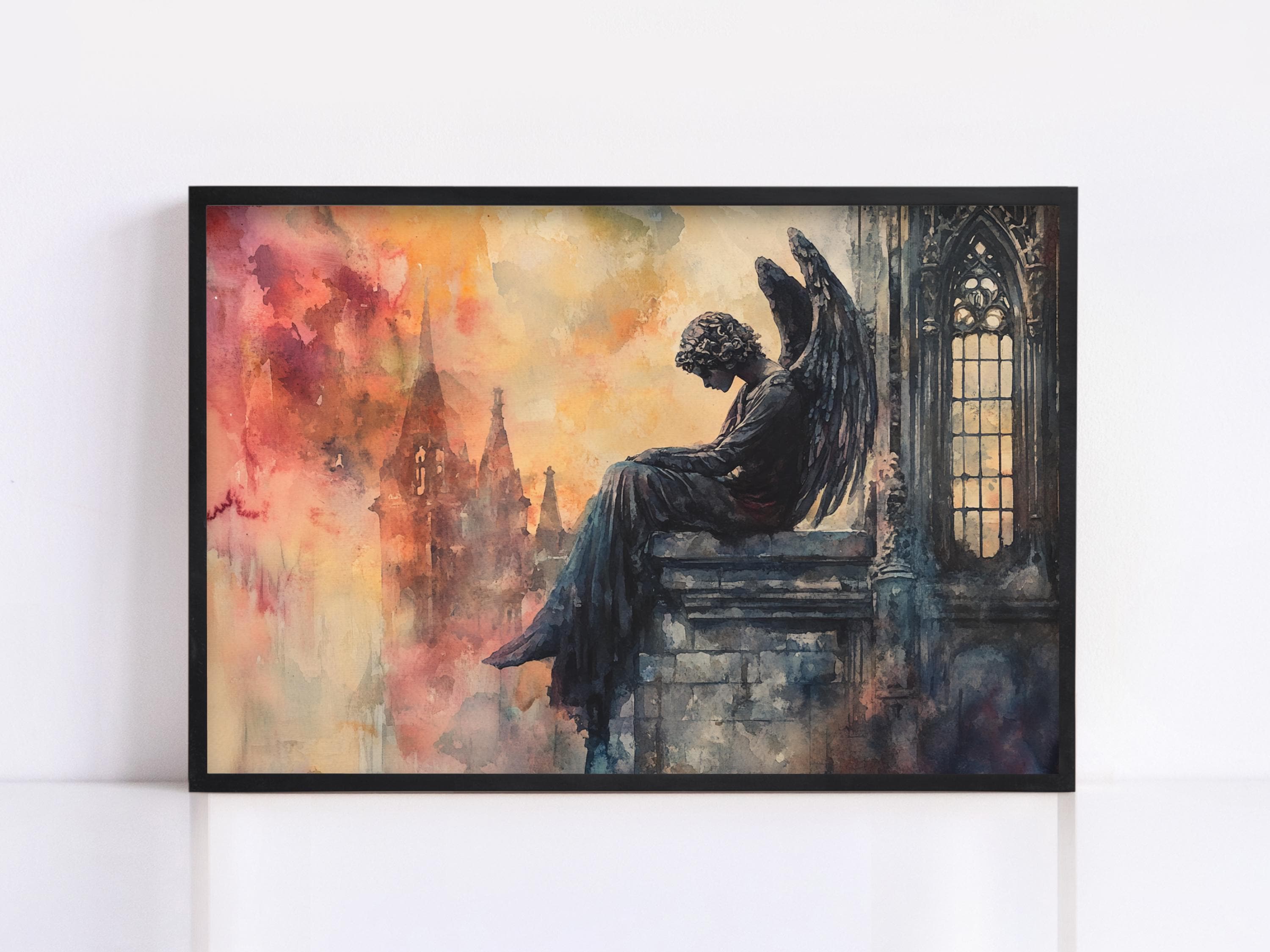 A framed painting depicting a statue of an angel sitting on a ledge, with a Gothic-style building in the background.