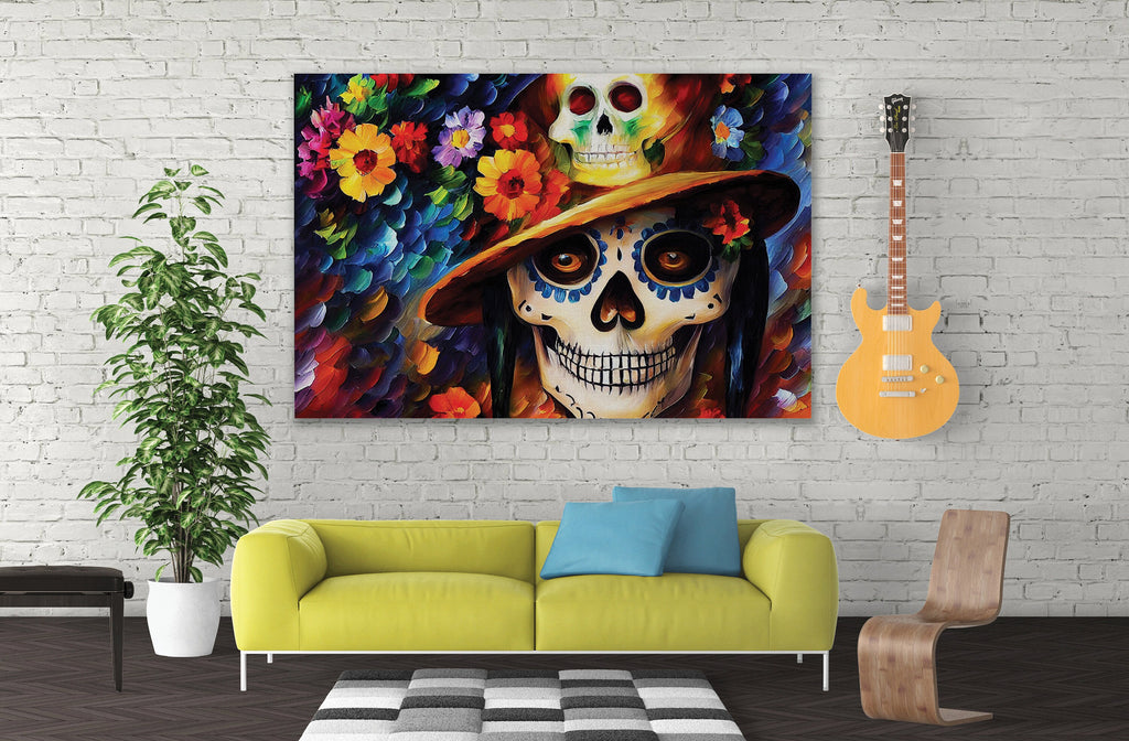 Dia De Los Muertos Canvas – Colorful Sugar Skull Painting on Gallery Ready Frame