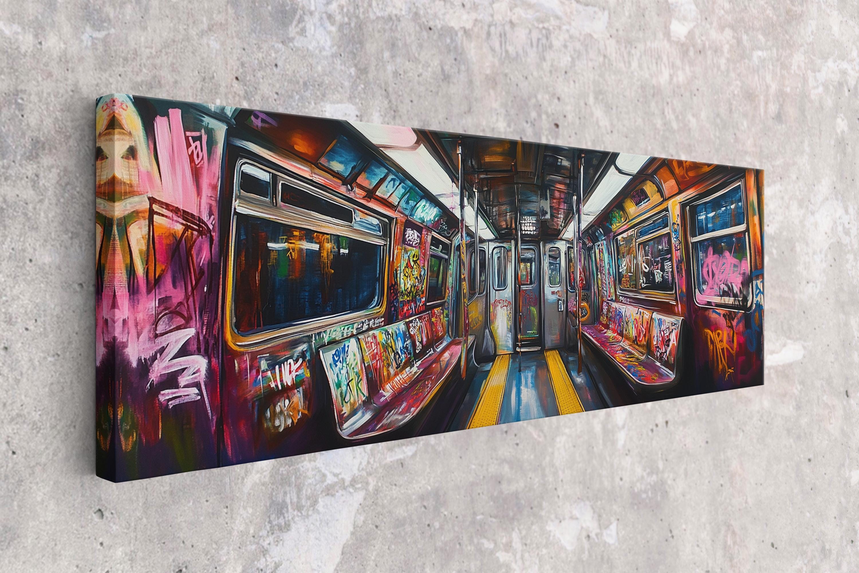 a painting of a subway car with graffiti on it