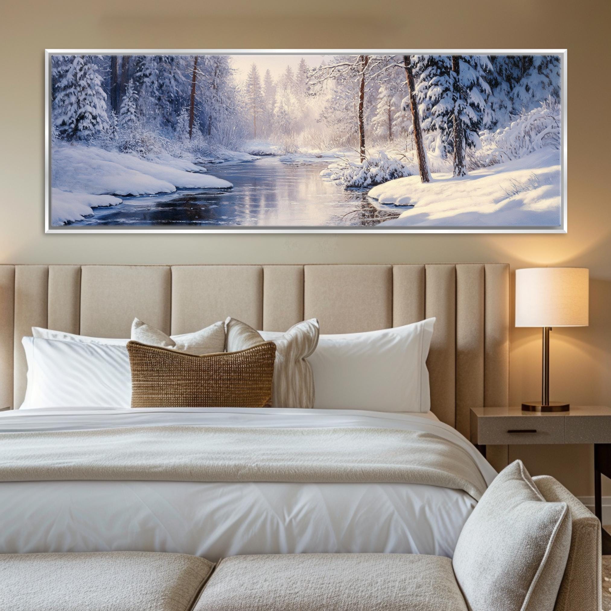 a bedroom with a large painting on the wall above the bed