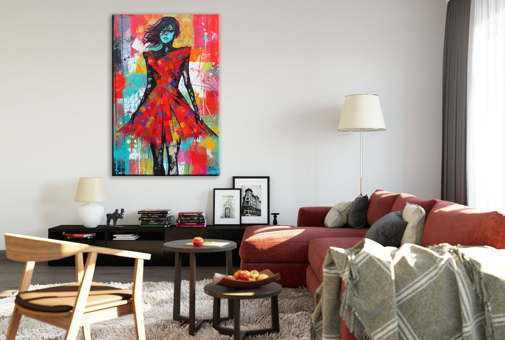 Red Dress Canvas Art | Contemporary Pop Art Painting - Female Home Decor