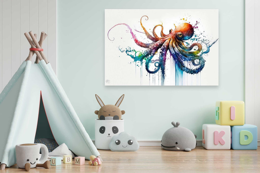 A colorful and whimsical children's playroom with a teepee tent, stuffed animals, and alphabet blocks. A large painting of an octopus is displayed on the wall, adding a playful and imaginative touch to the space.