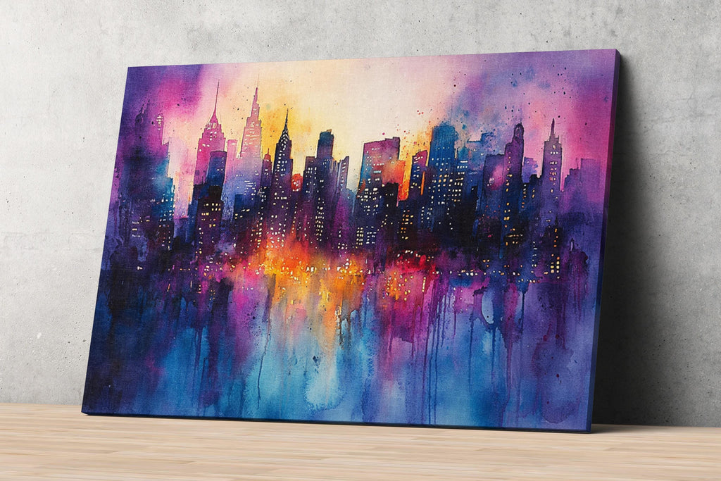 The image is a vibrant watercolor painting depicting a cityscape at night, with the buildings illuminated by colorful lights.
