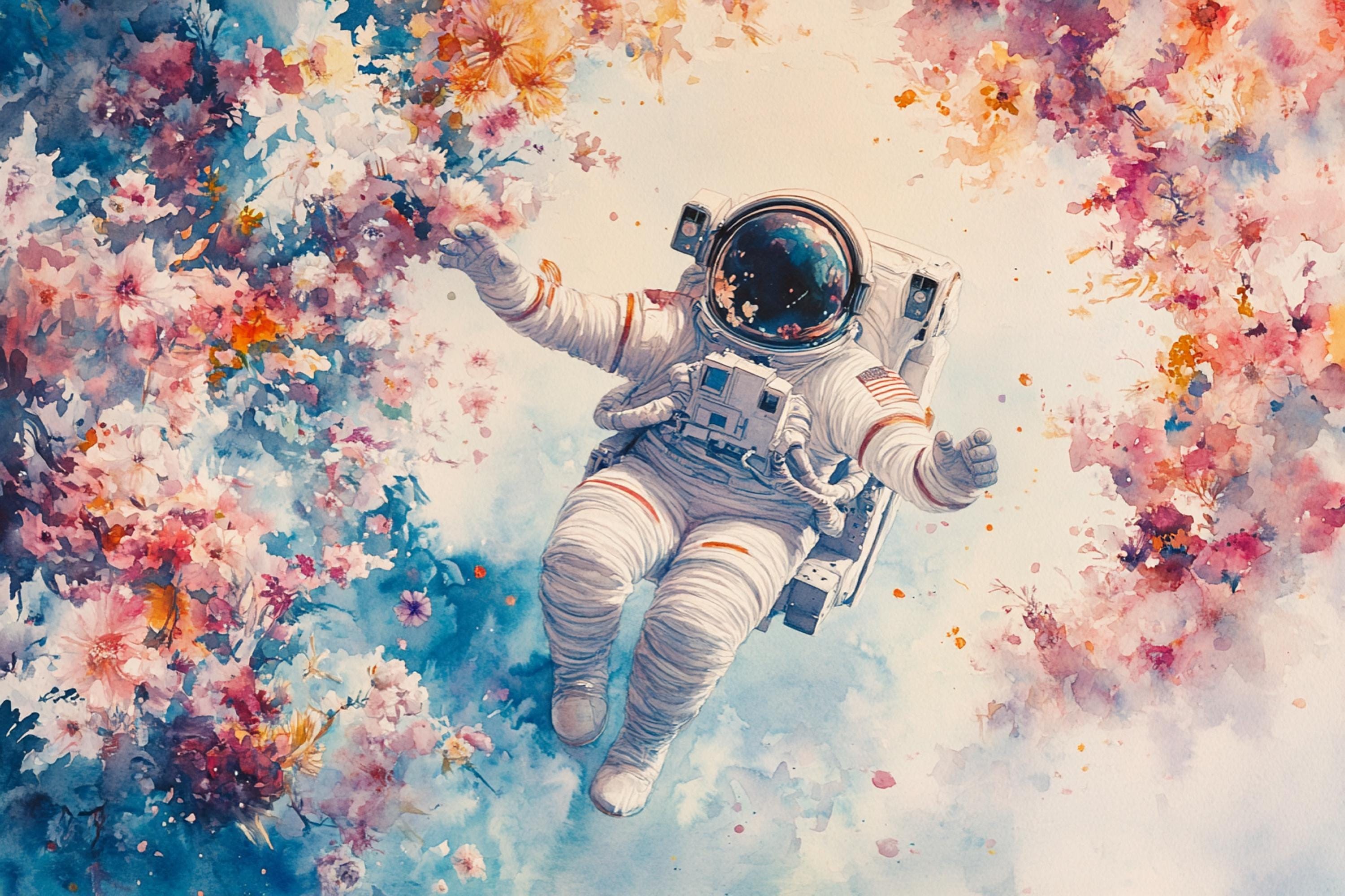 An astronaut floating in space, surrounded by a vibrant floral display.
