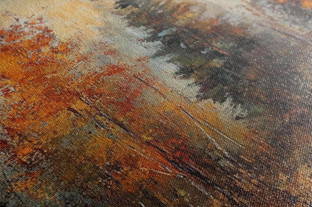 The image is an abstract painting with a textured, multicolored background featuring a mix of orange, green, and brown hues.