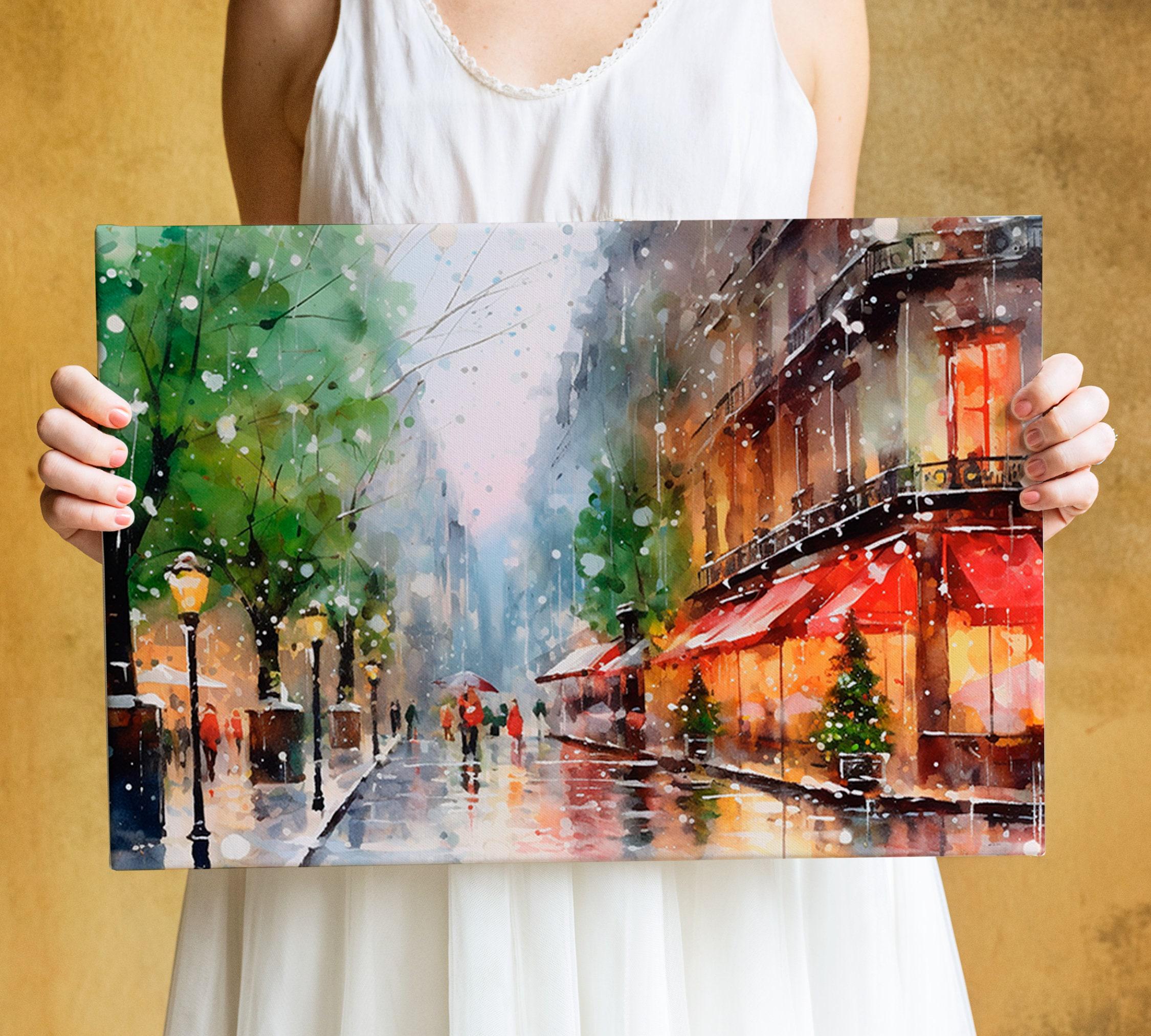 Snowy Christmas Town Watercolor - Rustic Holiday Decor, Print on Canvas, Artist Paper, Watercolor Paper, Available in Extra Large Sizes