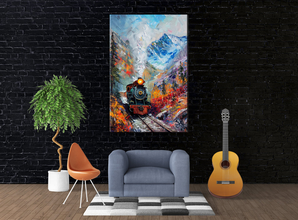 Train Station Canvas - Vintage Train Art | Fall Mountain Painting on Gallery Wrapped Canvas
