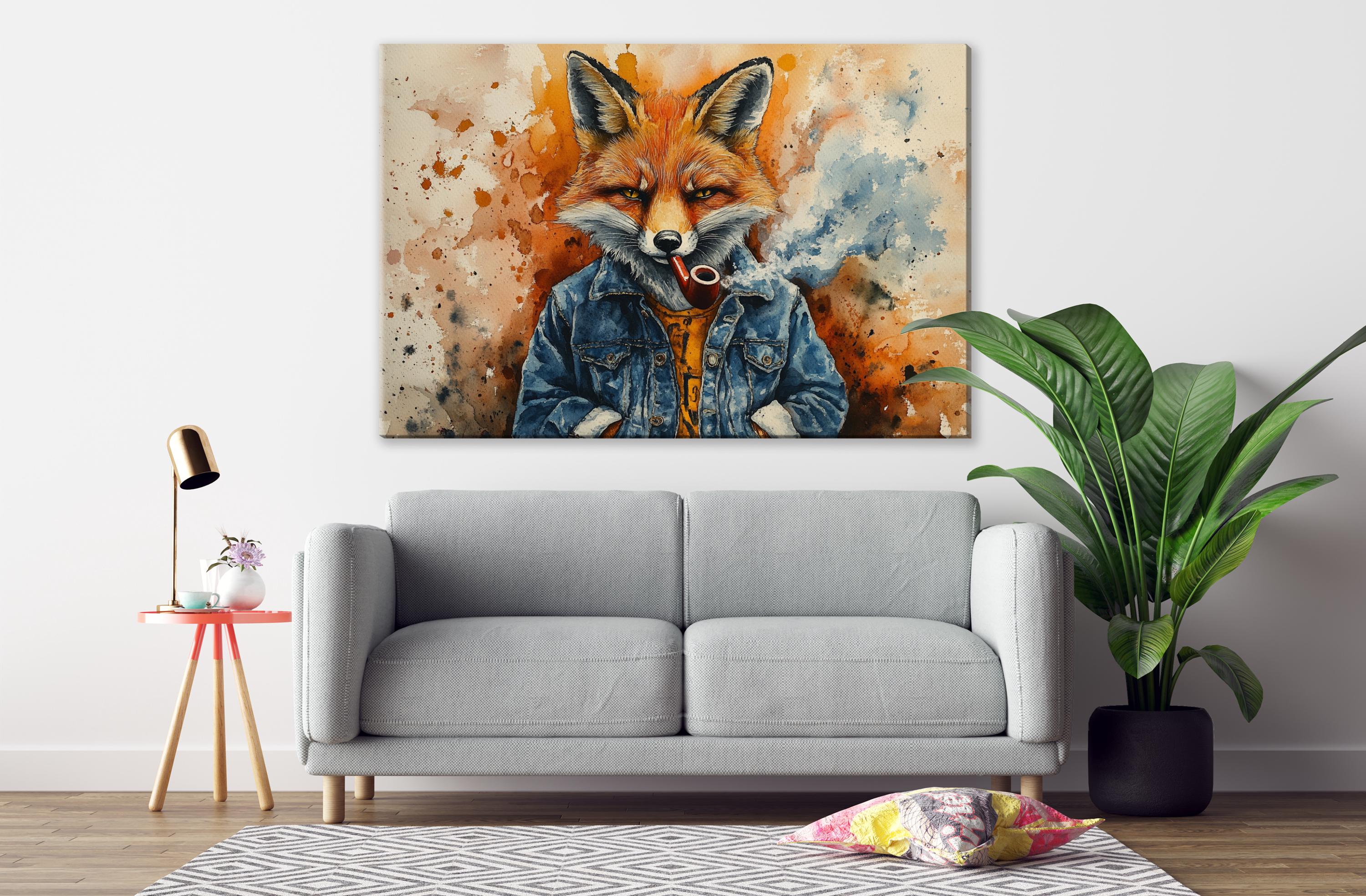 a gray sofa in a living room with a large painting of a fox wearing a denim jacket hanging on the wall above it.